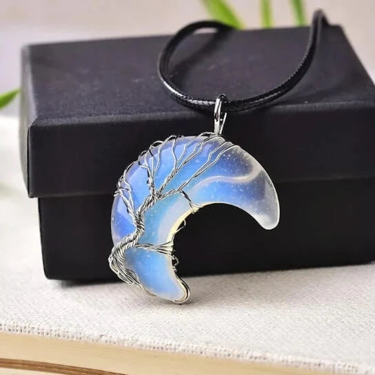 Collier pendentif lune croissante en cristal - Pendentif arbre de vie avec pierres serties de fil