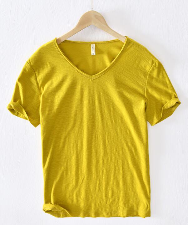 T-shirt à col en V pour homme – mélange de lin et coton à coupe ajustée et respirante