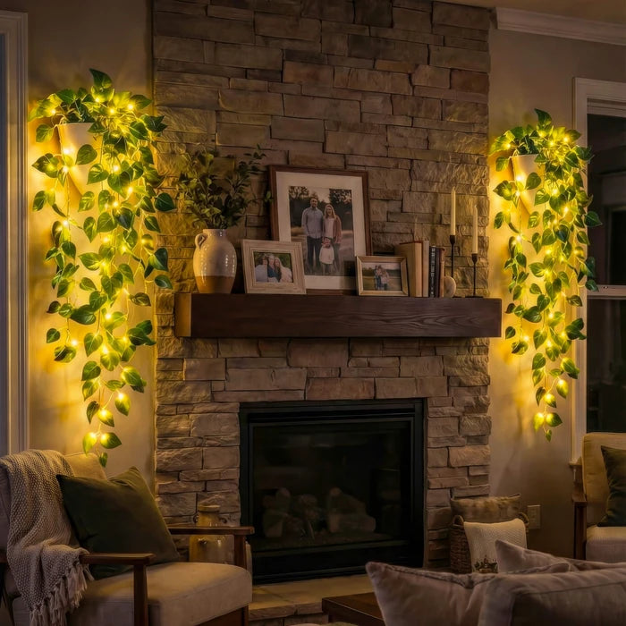 Verlichte plantenbak met kunstklimop - groene ranken met warme ledlichtjes voor donkere hoekjes