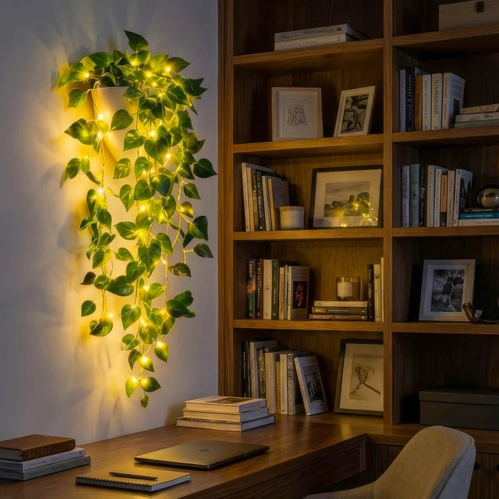 Verlichte plantenbak met kunstklimop - groene ranken met warme ledlichtjes voor donkere hoekjes