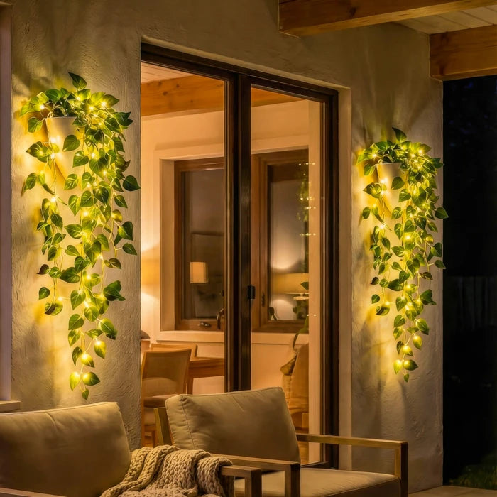 Verlichte plantenbak met kunstklimop - groene ranken met warme ledlichtjes voor donkere hoekjes
