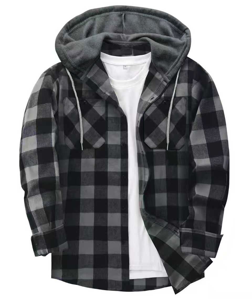 Hooded Flannel Shirt – Plaid Button-Front with Two Chest Pockets