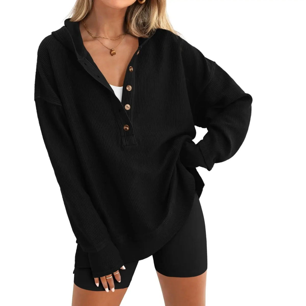 🎁Women’s Oversized V-Neck Hoodie – Relaxed Button Pullover with Side Slits 8