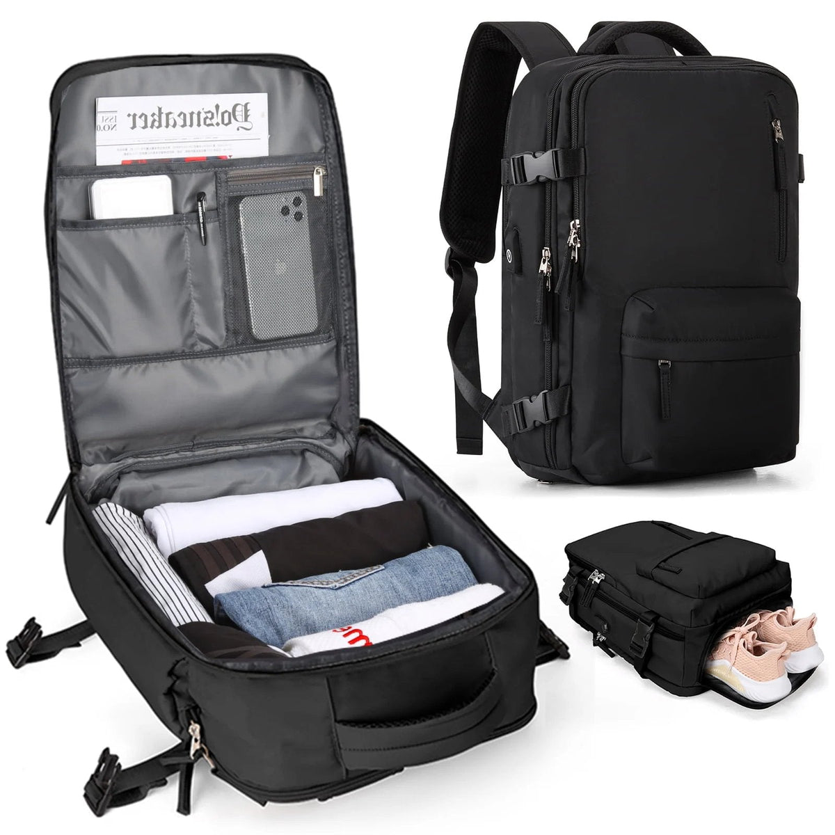 Sac à dos de voyage étanche avec charge USB, poche antivol et rangement multi-compartiments