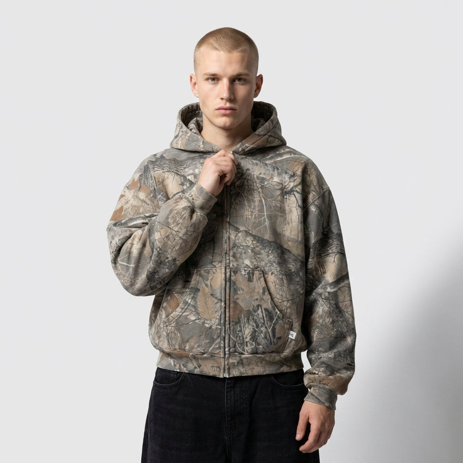 Sweat à capuche camouflage – Veste zippée oversize avec capuche et coupe décontractée