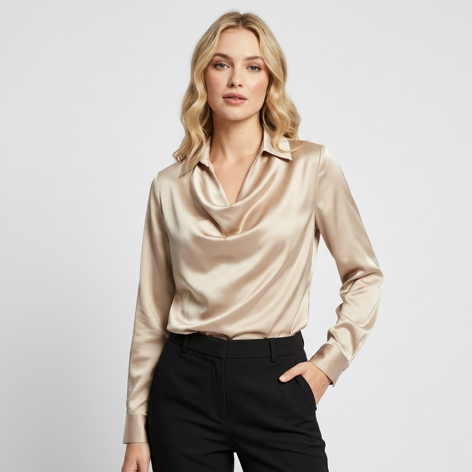 Satijnen blouse – gedrapeerde top met watervalhals, lange mouwen en elegante kraag