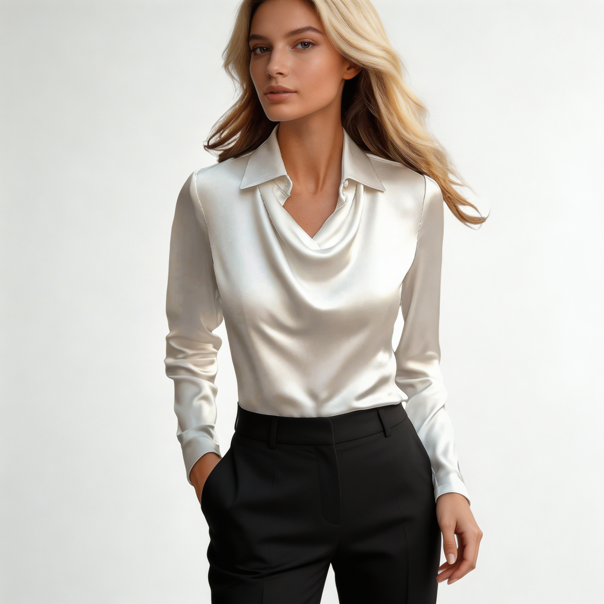 Blouse en satin – Haut drapé à col bénitier avec manches longues et col élégant