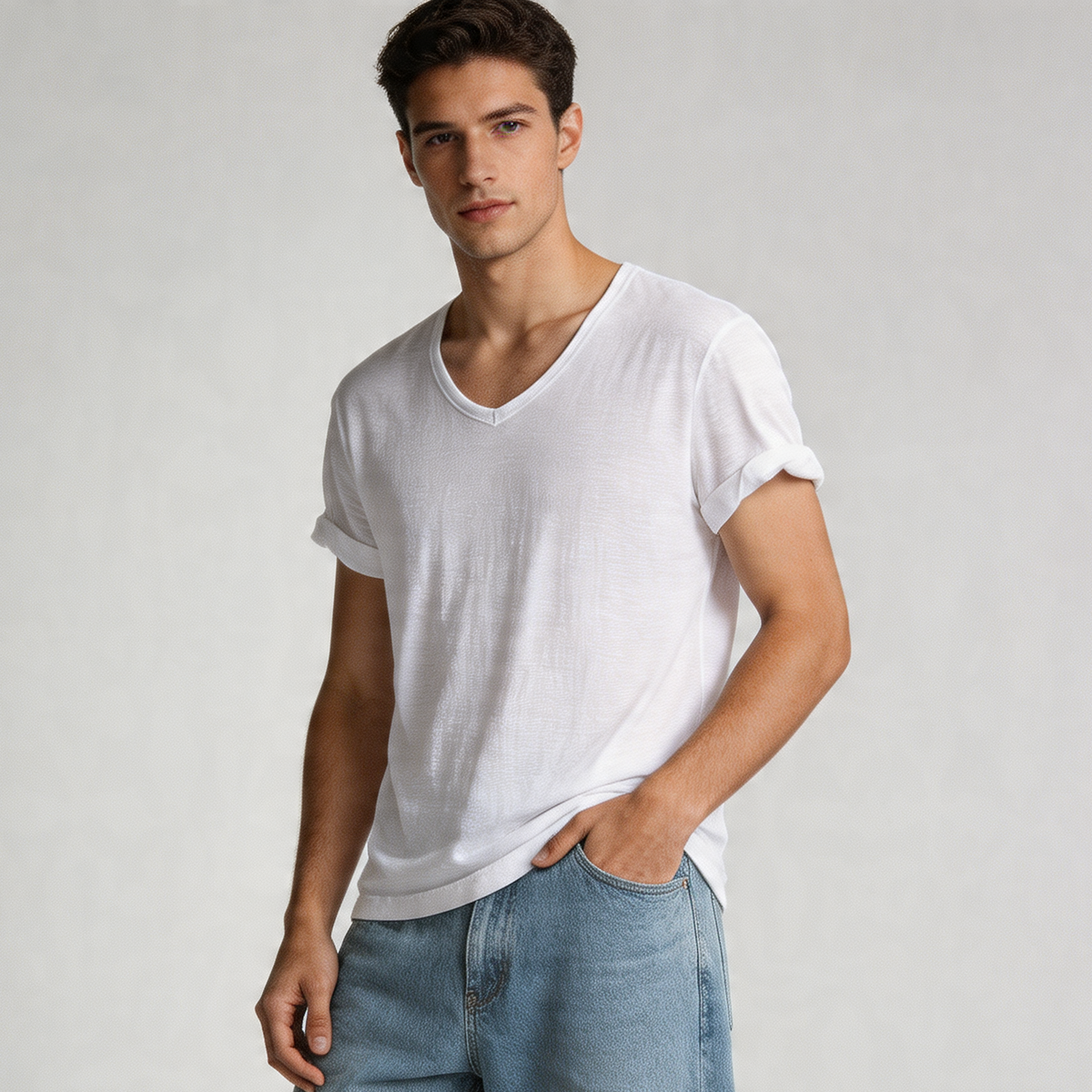 T-shirt à col en V pour homme – mélange de lin et coton à coupe ajustée et respirante