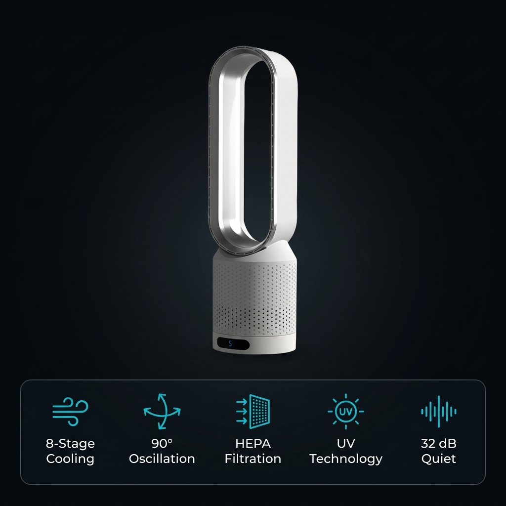 Climatiseur AirPure 3-en-1 avec filtration HEPA, purification UV et refroidissement silencieux pour toute la pièce