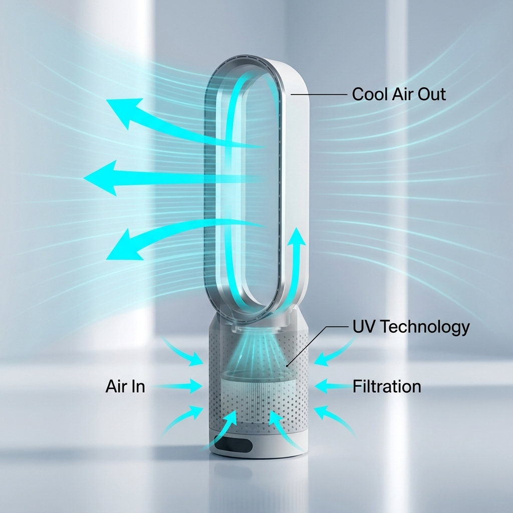 Climatiseur AirPure 3-en-1 avec filtration HEPA, purification UV et refroidissement silencieux pour toute la pièce