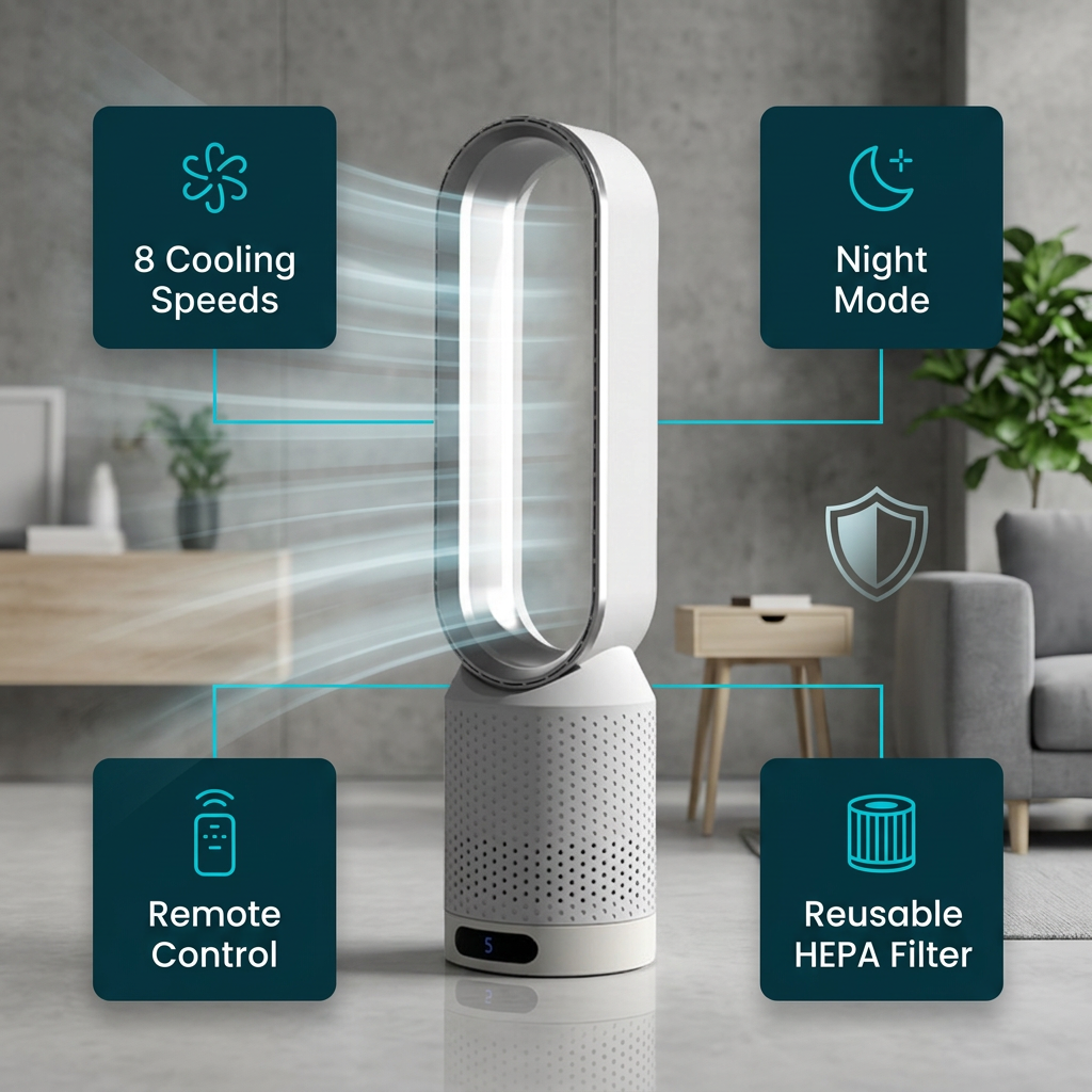 Climatiseur AirPure 3-en-1 avec filtration HEPA, purification UV et refroidissement silencieux pour toute la pièce