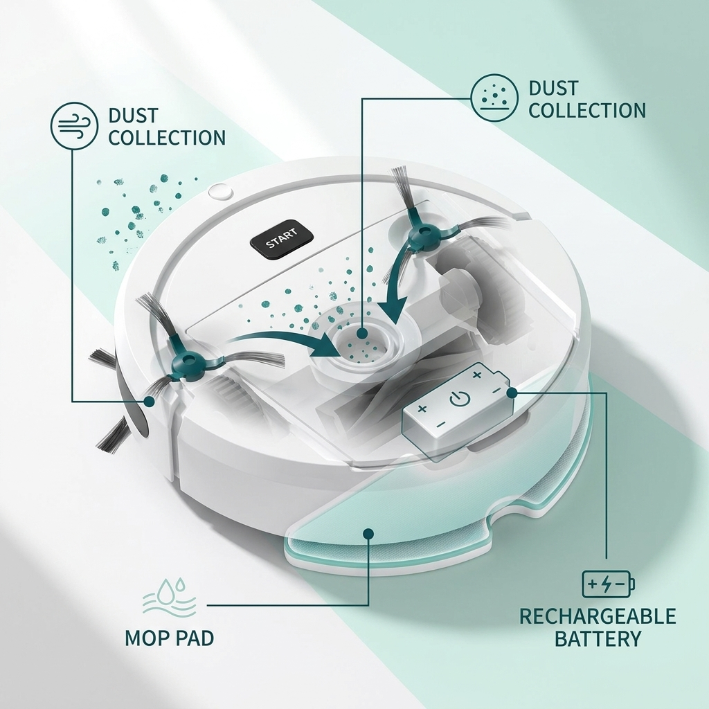 Aspirateur robot et serpillière combo – Nettoyeur compact 3-en-1 pour sols durs