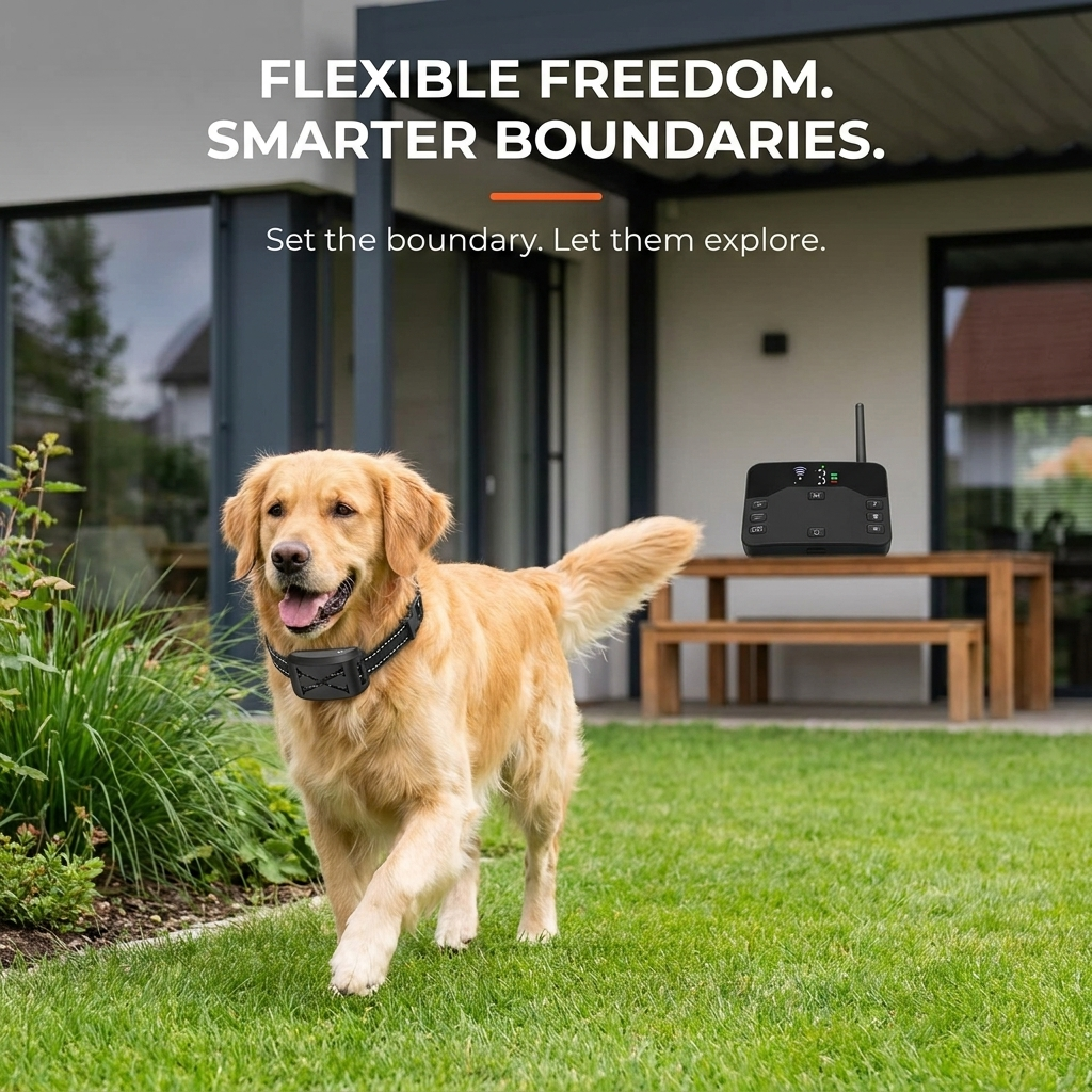 Système de clôture pour chien sans fil – Portée 9–240m, limite ajustable et collier étanche  