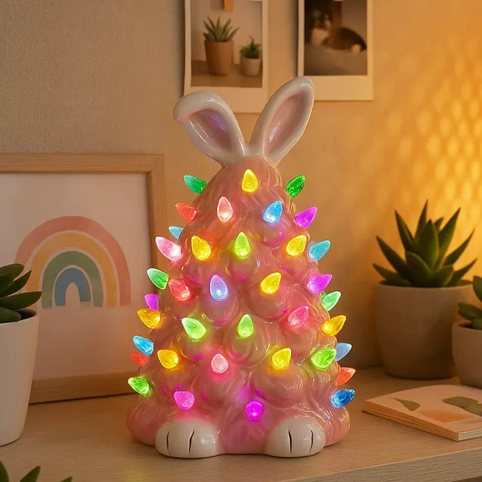 Roze konijnenlamp - zachtroze konijnenfiguur die in regenboogkleuren oplicht